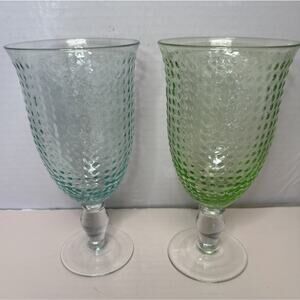 Vintage 2 Large Lime Green/ Blue Glass HOBNAIL Water Goblet 8" Pedestal Base